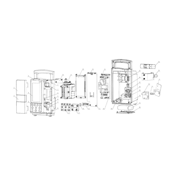 Technical drawing of a coffee machine with labeled parts on a white background