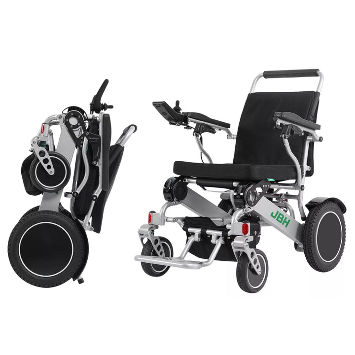Foldable electric wheelchair with JBH branding on a white background