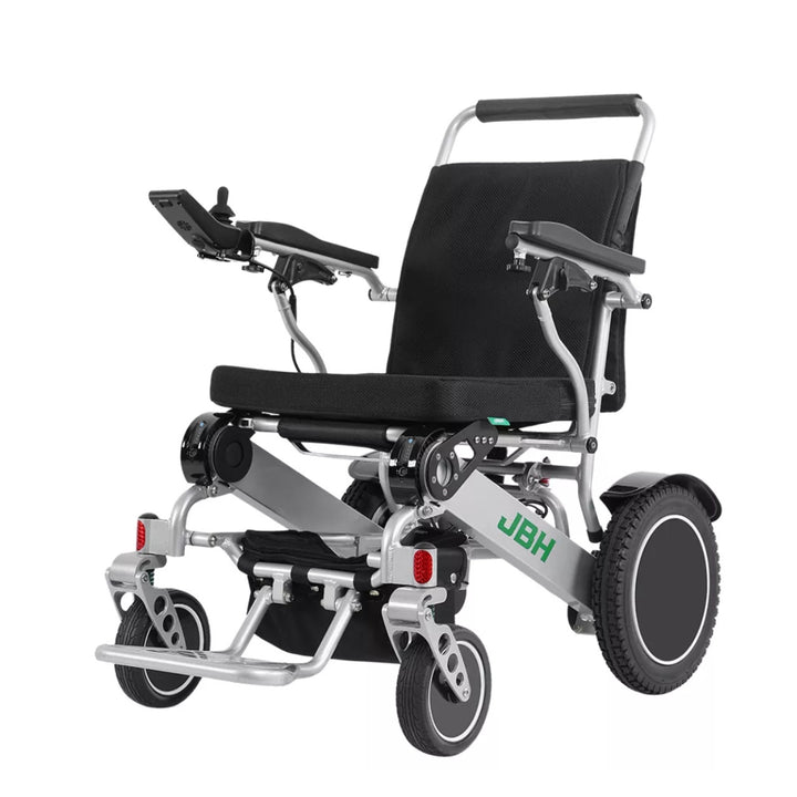 Foldable electric wheelchair with JBH branding on a white background
