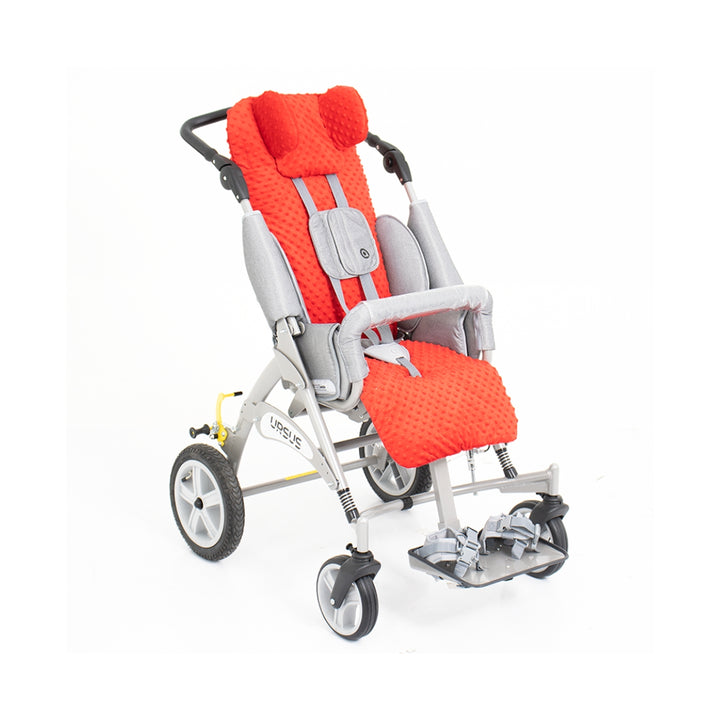 Children's stroller with orange seat and gray frame on a white background